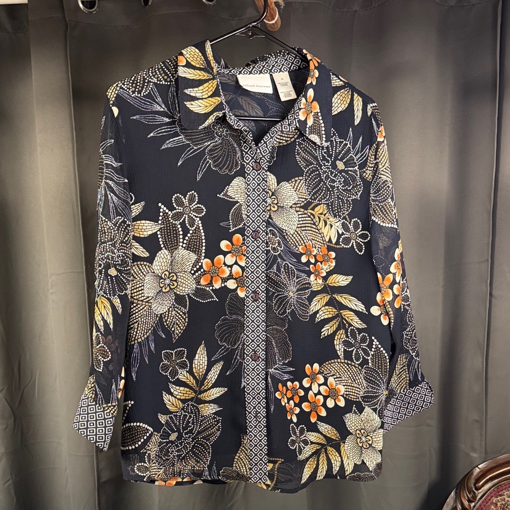 Alfred Dunner Navy Floral Button Down Shirt